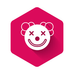 Sticker - White Clown head icon isolated with long shadow background. Pink hexagon button. Vector