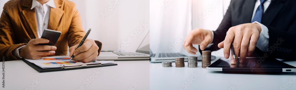 businessman holding coins putting in glass and using calculator. concept saving money and finance accounting. - obrazy, fototapety, plakaty 