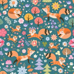 Wall Mural - Foxes and birds in fairy forest with beautiful flowers and trees. Cute seamless pattern.