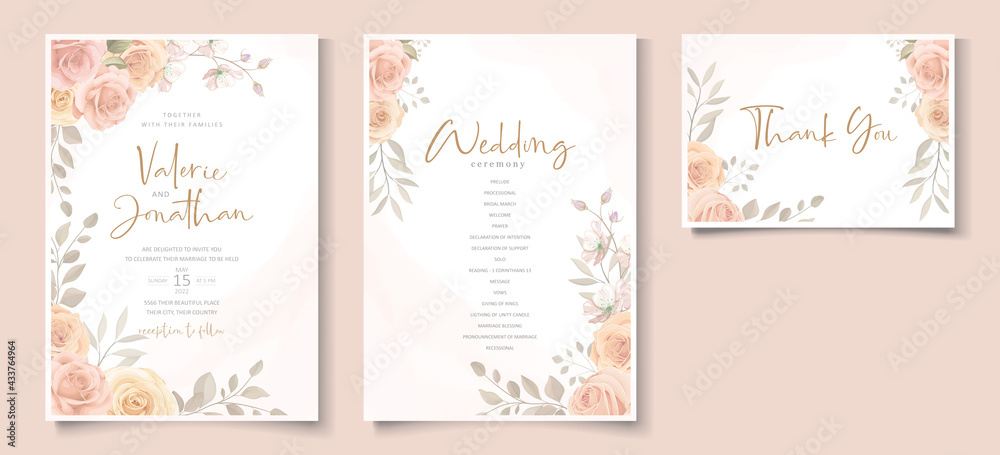 Elegant wedding invitation template with peach color floral theme Stock ...