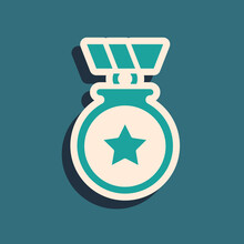 Green Medal With Star Icon Isolated On Green Background. Winner Achievement Sign. Award Medal. Long Shadow Style. Vector