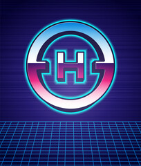 Retro style Helicopter landing pad icon isolated futuristic landscape background. Helipad, area, platform, H letter. 80s fashion party. Vector