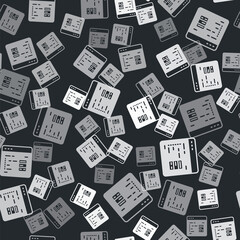 Grey Software, web developer programming code icon isolated seamless pattern on black background. Javascript computer script random parts of program code. Vector
