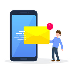Fototapete - Man receives an email from the smartphone. Creative technology concept of new message notification. Simple trendy cute cartoon character vector illustration. Flat style graphic design element icon.