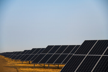 Blue solar panels with the sunny sky