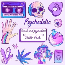 Psychedelic And Occult Witchy Pack With Witchcraft And Trippy Elements With Purple Galaxy Gradient. Spiritual And Millennial Collection With Isolated Vectors. Purple Fantasy Objects For Halloween.
