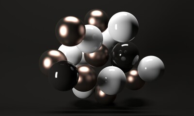 Poster - Abstract black background with flying metal spheres. Backdrop design for product promotion. 3d rendering