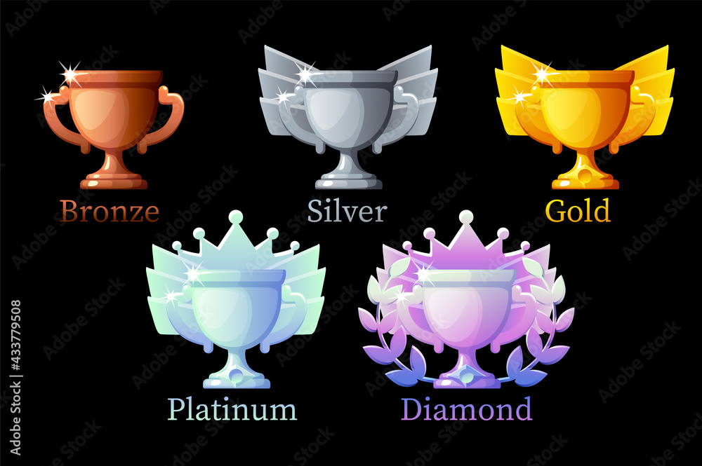 Game Rank awards cup, gold, silver, platinum, bronze, diamond cups 6 steps animation for game. - obrazy, fototapety, plakaty 