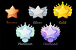 Game Rank Reward Star, gold, silver, platinum, bronze, diamond icons 6 steps animation for game.