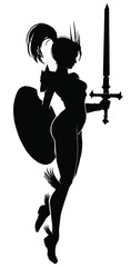 A black silhouette of a graceful warrior girl, she hovers in the air like Hermes on her winged sandals, holding a sword and shield in her hands. 2d illustration