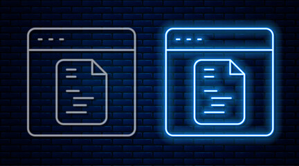Glowing neon line Software, web developer programming code icon isolated on brick wall background. Javascript computer script random parts of program code. Vector