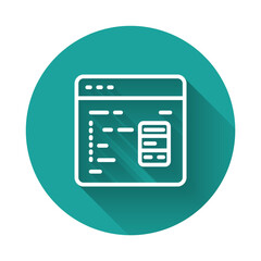 White line Software, web developer programming code icon isolated with long shadow background. Javascript computer script random parts of program code. Green circle button. Vector