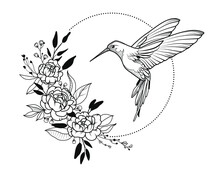 Hummingbird, Wreath With Peony, Flying Bird, Vector Illustration