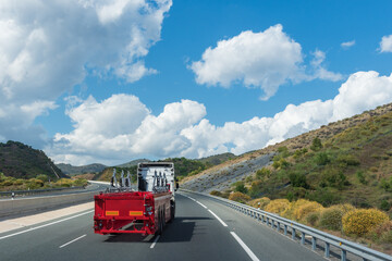 Wall Mural - Truck with special semi-trailer to transport large pleasure boats with keel.