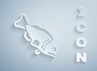 Wall Mural - Paper cut Fish icon isolated on grey background. Paper art style. Vector