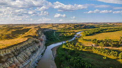 Wall Mural - early morning view from Sully Creek State Park - Whitetail Flats Campground - Little Missouri River  - near Medora and Theodore Roosevelt National Park - badlands 