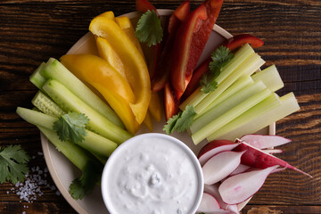 Wall Mural - Keto diet snack platter with vegetable crudites and blue cheese dipping sauce