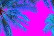 Leinwandbild Motiv Bright blue holographic neon colored palm trees in abstract style on pink background. Night club beach party flyer template. Retro style creative summer design concept. Open composition. Copy space.