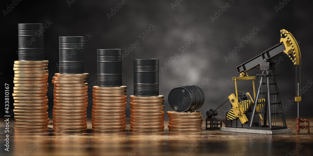 Oil pump jack and barrels on stacks of coins. Decrease of price of crude oil or oil explorati concept. Stock market of crude oil, investment. - obrazy, fototapety, plakaty 