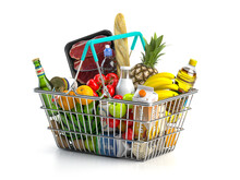 Shopping Basket Full Of Variety Of Grocery Products, Food And Drink Isolated On White Background.