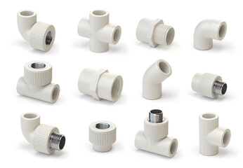 Wall Mural - Set of PVC pipe fittings isolated on white.