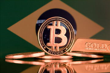 Wall Mural - Physical version of Bitcoin, gold bar and Brazil Flag.