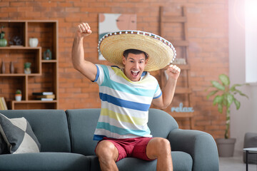 Wall Mural - Happy man with sombrero hat sitting on sofa in room