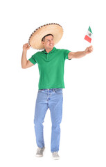 Canvas Print - Handsome man in sombrero hat with Mexican flag on white background