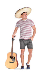 Canvas Print - Handsome man in sombrero hat with guitar on white background