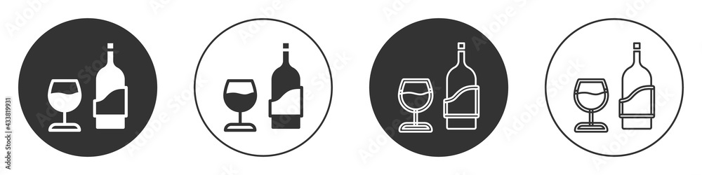 Black Wine bottle with glass icon isolated on white background. Circle button. Vector - obrazy, fototapety, plakaty 