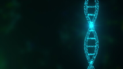 Poster - Molecular 3d render connection in wriggling genetic chromosome. Connected strands of genome with shimmering microscopic lines and dots. Biochemical curved filament in electronic imaging.