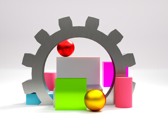 Poster - abstract geometric background. abstract geometric shapes next to gear. three-dimensional cubes and b