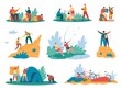 People camping. Tourists or hikers with backpacks climbing mountains, sitting near bonfire, cooking food. Summer hiking adventure activity vector set. Characters setting up tent, fishing