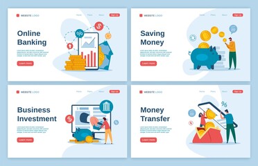 Wall Mural - Online banking landing. Mobile money transfer, business investments, saving money, secure payment concept. Digital bank vector web template set. Finance management and accounting website interface