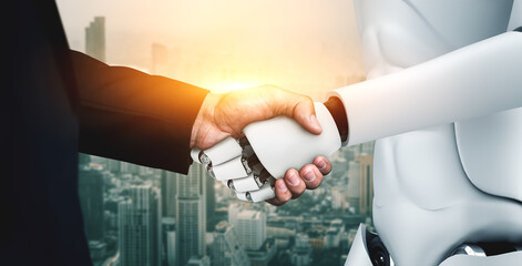 Poster - 3D rendering humanoid robot handshake to collaborate future technology development by AI thinking brain, artificial intelligence and machine learning process for 4th industrial revolution.