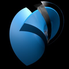 Poster - Blue heart shaped abstract icon with red and glass surface on black background - 3D rendering illustration