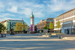 Panoramic view over the Friedensplatz to the white tower in the city center of the Hessian university town Darmstadt in Germany