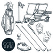 Golf club vector hand drawn icons and design elements set. Golf cart, ball, club, bag, accessories sketch illustration