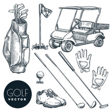 Golf Club Vector Hand Drawn Icons And Design Elements Set. Golf Cart, Ball, Club, Bag, Accessories Sketch Illustration