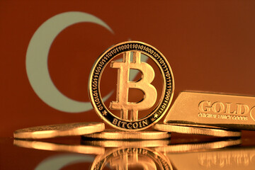 Wall Mural - Physical version of Bitcoin, gold bar and Turkey Flag.