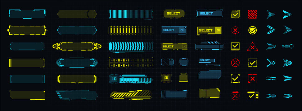 A template of futuristic elements for the game, button, arrow, loading. Modern game design icons.  Digital technology UI/UX Futuristic HUD, FUI, GUI. Screen user interface, control panel for game apps