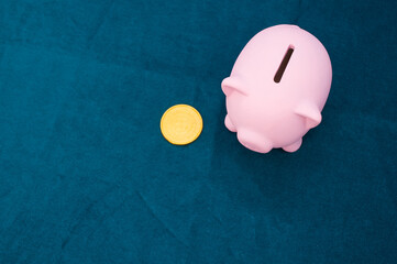 Canvas Print - Closeup shot of a pig cashbox and a coin in the dark blue background