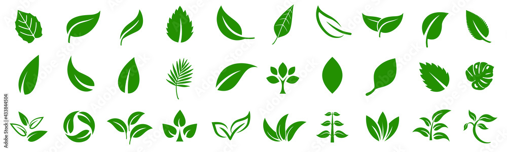 Leaf icons set ecology nature element, green leafs, environment and nature eco sign. Leaves on white background – vector - obrazy, fototapety, plakaty 