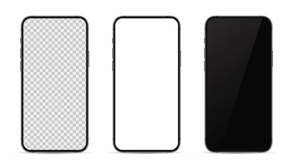 Poster - Set realistic trendy different black smartphone mockup with white empty transparent, white, black touch screen, evolution of smartphones. Detailed mockup smartphone, model mobile.