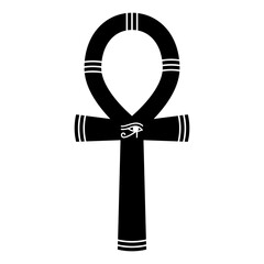 Egyptian ankh icon. Black occult symbol immortality with eye horus in center. Coptic cross eternal wisdom and protective key vector life.