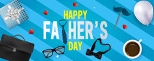 Card Or Banner On Happy Father's Day In Yellow And White With Around A Tie, Sunglasses, Bow Tie, Heart, Gift, Balloon, Satchel And Mustache On A Light And Dark Blue Striped Background