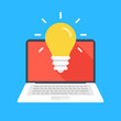Laptop and light bulb on screen. Modern technology, business idea, innovation, smart solution concepts. Computer and lamp. Flat design graphic elements. Vector illustration