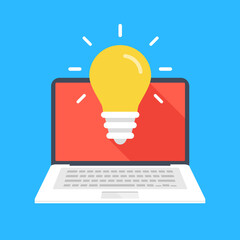 Poster - Laptop and light bulb on screen. Modern technology, business idea, innovation, smart solution concepts. Computer and lamp. Flat design graphic elements. Vector illustration