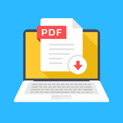 Aufkleber - Download PDF document. PDF file on laptop screen. Downloading computer file concepts. Modern flat design graphic elements. Vector illustration