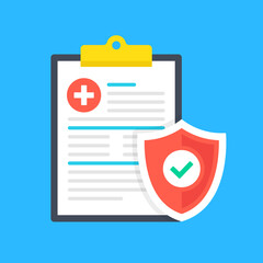 Poster - Health insurance. Clipboard with medical document and shield with check mark. Medical insurance benefits. Modern flat design graphic elements. Vector illustration